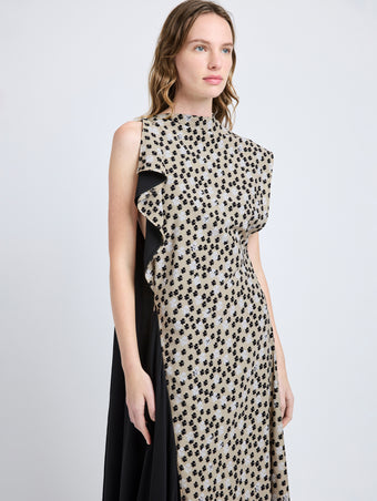 Proenza Schouler Detail image of model wearing Devyn Dress in Printed Silk Viscose in Sand Multi