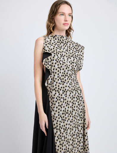 Proenza Schouler Detail image of model wearing Devyn Dress in Printed Silk Viscose in Sand Multi