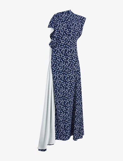 Proenza Schouler Still Life image of Devyn Dress in Printed Silk Viscose in Navy Multi