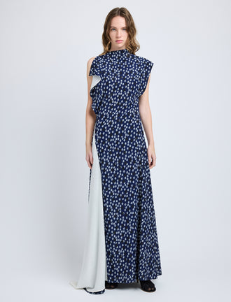 Proenza Schouler Front full length image of model wearing Devyn Dress in Printed Silk Viscose in Navy Multi
