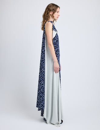 Proenza Schouler Side full length image of model wearing Devyn Dress in Printed Silk Viscose in Navy Multi