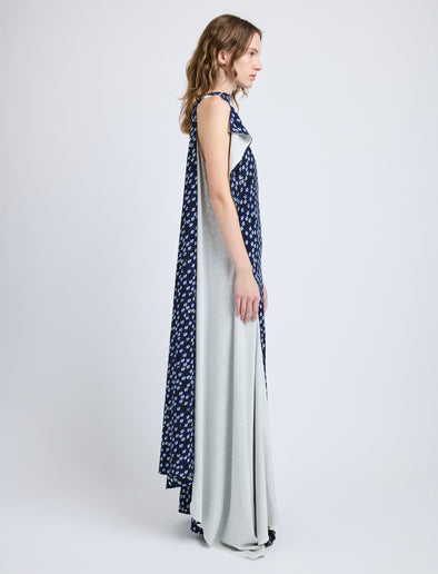 Proenza Schouler Side full length image of model wearing Devyn Dress in Printed Silk Viscose in Navy Multi