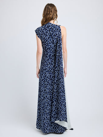 Proenza Schouler Back full length image of model wearing Devyn Dress in Printed Silk Viscose in Navy Multi