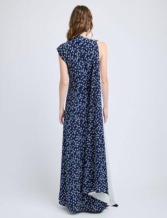Proenza Schouler Back full length image of model wearing Devyn Dress in Printed Silk Viscose in Navy Multi