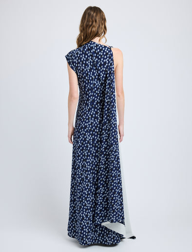 Proenza Schouler Back full length image of model wearing Devyn Dress in Printed Silk Viscose in Navy Multi