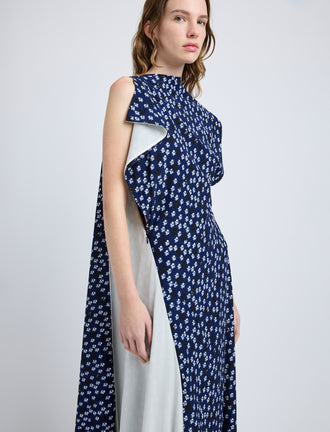 Proenza Schouler Detail image of model wearing Devyn Dress in Printed Silk Viscose in Navy Multi
