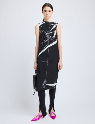 Proenza Schouler Front full length image of model wearing Ondine Dress in Garment Printed Silk Viscose in Black