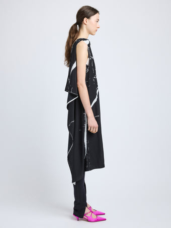 Proenza Schouler Side full length image of model wearing Ondine Dress in Garment Printed Silk Viscose in Black