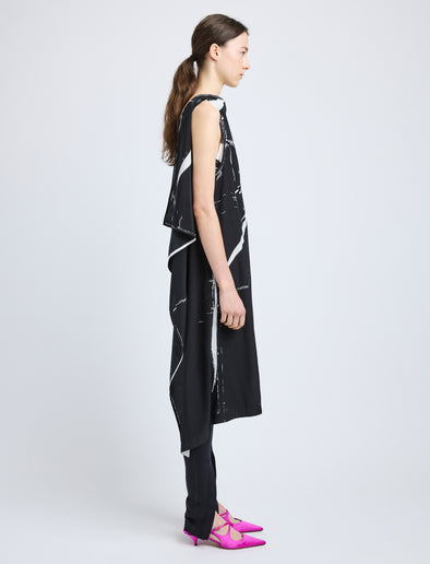 Proenza Schouler Side full length image of model wearing Ondine Dress in Garment Printed Silk Viscose in Black