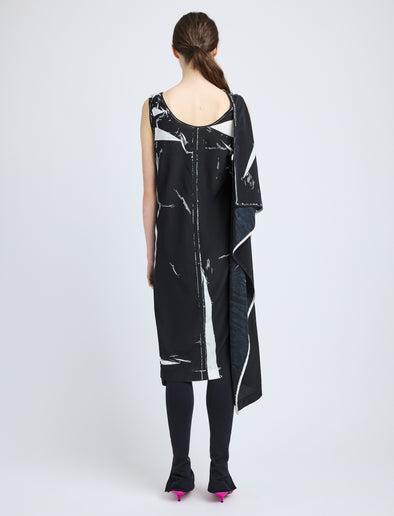Proenza Schouler Back full length image of model wearing Ondine Dress in Garment Printed Silk Viscose in Black