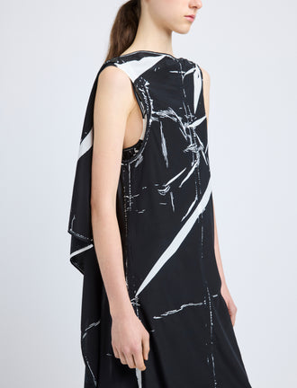 Proenza Schouler Detail image of model wearing Ondine Dress in Garment Printed Silk Viscose in Black
