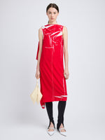 Proenza Schouler Front full length image of model wearing Ondine Dress in Garment Printed Silk Viscose in Crimson