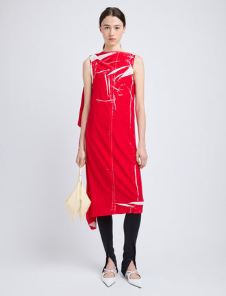 Proenza Schouler Front full length image of model wearing Ondine Dress in Garment Printed Silk Viscose in Crimson