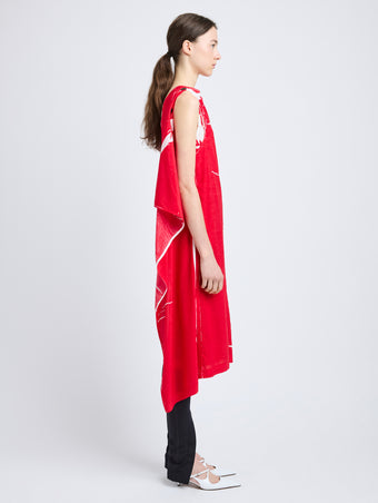 Proenza Schouler Side full length image of model wearing Ondine Dress in Garment Printed Silk Viscose in Crimson