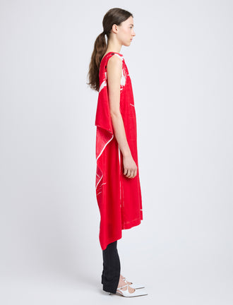 Proenza Schouler Side full length image of model wearing Ondine Dress in Garment Printed Silk Viscose in Crimson