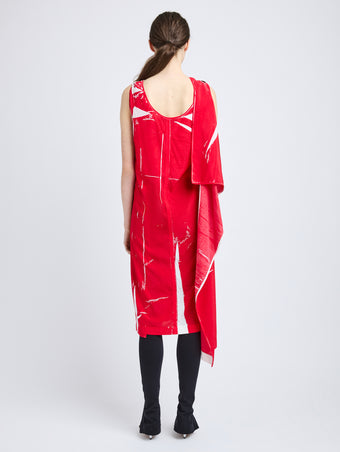 Proenza Schouler Back full length image of model wearing Ondine Dress in Garment Printed Silk Viscose in Crimson