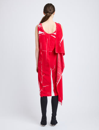 Proenza Schouler Back full length image of model wearing Ondine Dress in Garment Printed Silk Viscose in Crimson