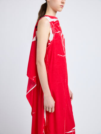Proenza Schouler Detail image of model wearing Ondine Dress in Garment Printed Silk Viscose in Crimson