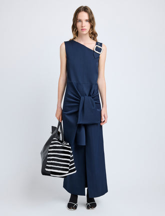 Proenza Schouler Front full length image of model wearing Jackie Dress in Technical Nylon Jacquard in Midnight