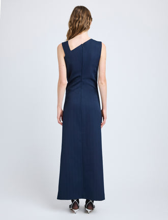Proenza Schouler Back full length image of model wearing Jackie Dress in Technical Nylon Jacquard in Midnight