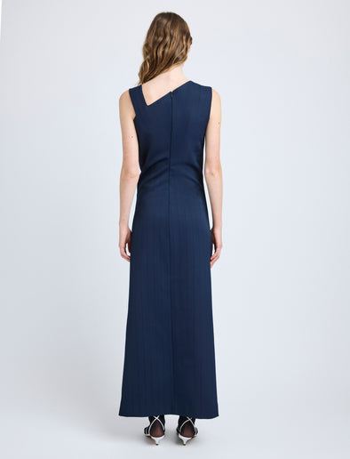 Proenza Schouler Back full length image of model wearing Jackie Dress in Technical Nylon Jacquard in Midnight