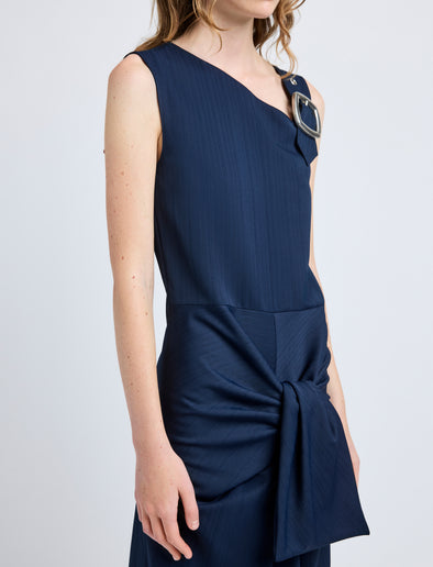 Proenza Schouler Detail image of model wearing Jackie Dress in Technical Nylon Jacquard in Midnight