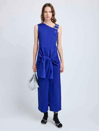 Proenza Schouler Front full length image of model wearing Jackie Dress in Technical Nylon Jacquard in Cobalt