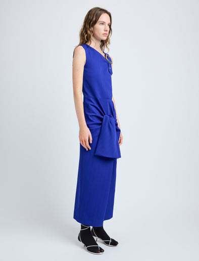 Proenza Schouler Side full length image of model wearing Jackie Dress in Technical Nylon Jacquard in Cobalt