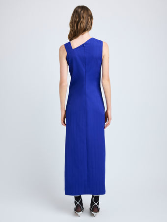 Proenza Schouler Back full length image of model wearing Jackie Dress in Technical Nylon Jacquard in Cobalt
