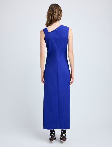 Proenza Schouler Back full length image of model wearing Jackie Dress in Technical Nylon Jacquard in Cobalt