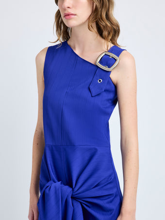 Proenza Schouler Detail image of model wearing Jackie Dress in Technical Nylon Jacquard in Cobalt
