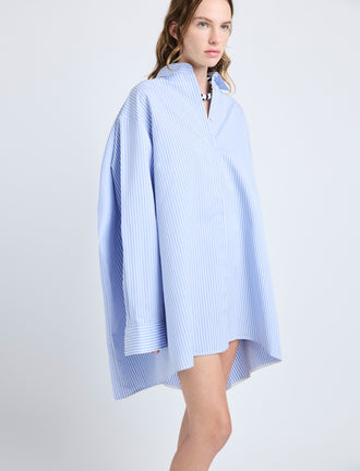 Proenza Schouler Detail image of model wearing Isla Dress in Stripe Cotton Silk Poplin in Pale Blue Multi