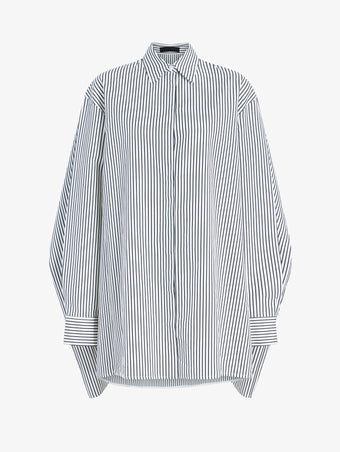 Proenza Schouler Still Life image of Isla Dress in Stripe Cotton Silk Poplin in Navy Multi
