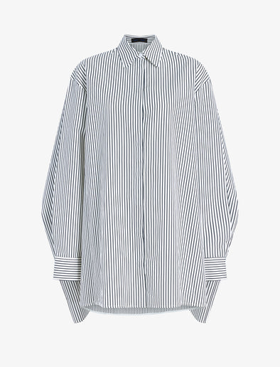 Proenza Schouler Still Life image of Isla Dress in Stripe Cotton Silk Poplin in Navy Multi
