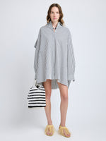 Proenza Schouler Front full length image of model wearing Isla Dress in Stripe Cotton Silk Poplin in Navy Multi