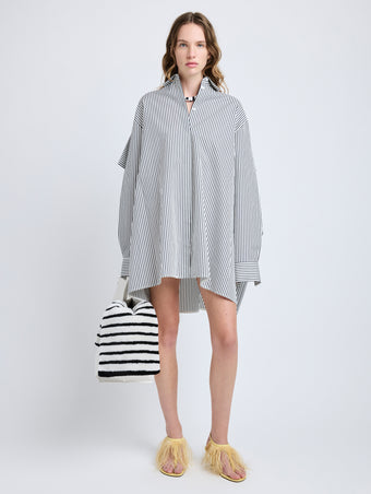 Proenza Schouler Front full length image of model wearing Isla Dress in Stripe Cotton Silk Poplin in Navy Multi