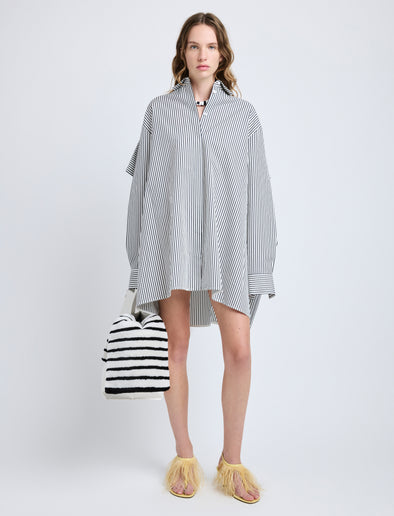 Proenza Schouler Front full length image of model wearing Isla Dress in Stripe Cotton Silk Poplin in Navy Multi