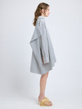 Proenza Schouler Side full length image of model wearing Isla Dress in Stripe Cotton Silk Poplin in Navy Multi