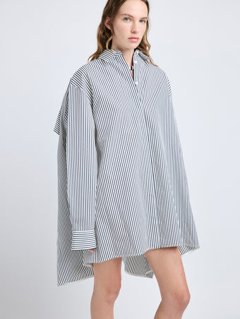 Proenza Schouler Detail image of model wearing Isla Dress in Stripe Cotton Silk Poplin in Navy Multi