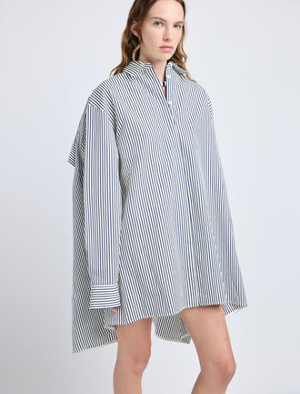 Proenza Schouler Detail image of model wearing Isla Dress in Stripe Cotton Silk Poplin in Navy Multi