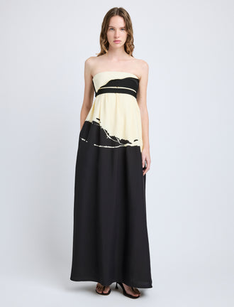 Proenza Schouler Front full length image of model wearing Ophelia Dress in Printed Marocaine in Black Multi