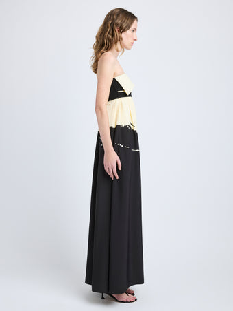 Proenza Schouler Side full length image of model wearing Ophelia Dress in Printed Marocaine in Black Multi