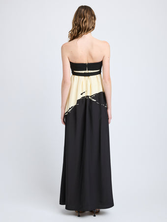 Proenza Schouler Back full length image of model wearing Ophelia Dress in Printed Marocaine in Black Multi