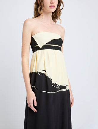 Proenza Schouler Detail image of model wearing Ophelia Dress in Printed Marocaine in Black Multi