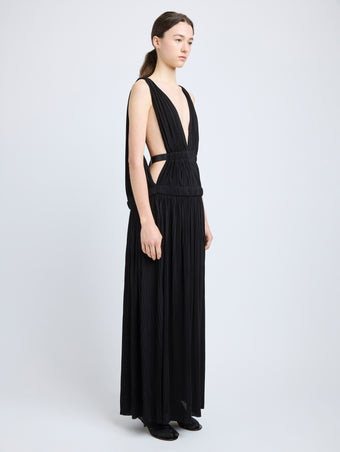Proenza Schouler Side full length image of model wearing Serra Dress in Matte Jersey in Black