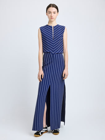 Proenza Schouler Front full length image of model wearing Selene Dress in Bi-Stretch Plaid Suiting in Cobalt Multi without cape