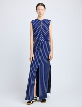 Proenza Schouler Front full length image of model wearing Selene Dress in Bi-Stretch Plaid Suiting in Cobalt Multi without cape