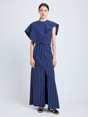 Proenza Schouler Front full length image of model wearing Selene Dress in Bi-Stretch Plaid Suiting in Cobalt Multi
