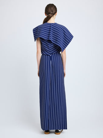 Proenza Schouler Back full length image of model wearing Selene Dress in Bi-Stretch Plaid Suiting in Cobalt Multi