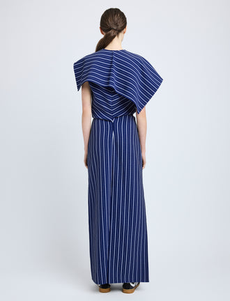 Proenza Schouler Back full length image of model wearing Selene Dress in Bi-Stretch Plaid Suiting in Cobalt Multi